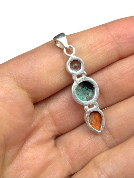 Tibetan Turquoise Sponge Coral & Blue Topaz Necklace Pendant 925 Sterling Silver - Picture 4 of 4